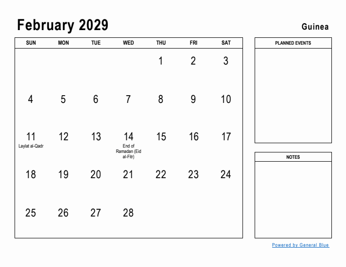 February 2029 Printable Monthly Calendar with Guinea Holidays