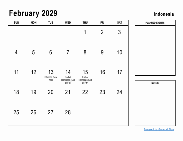 February 2029 Printable Monthly Calendar with Indonesia Holidays