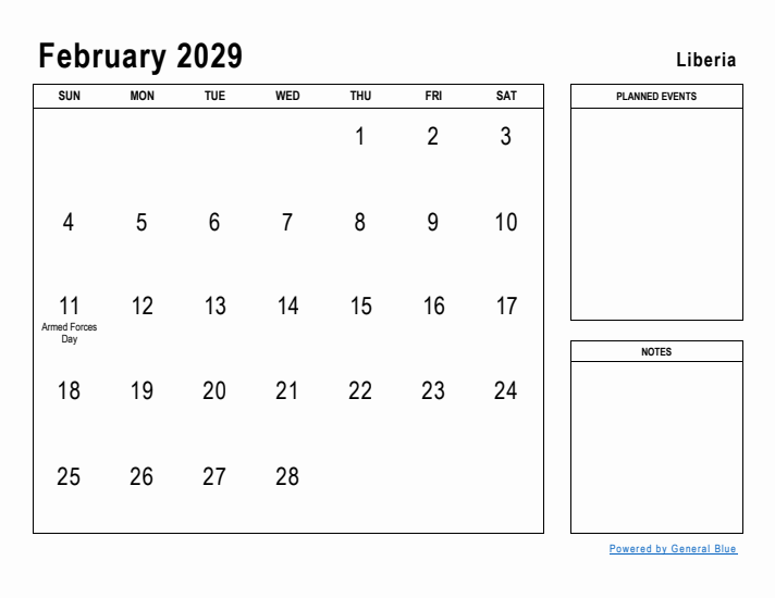 February 2029 Printable Monthly Calendar with Liberia Holidays