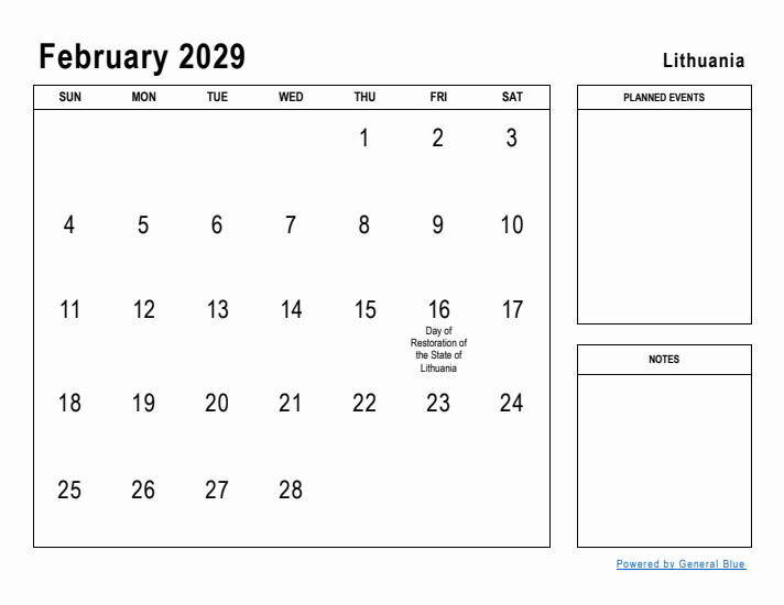 February 2029 Printable Monthly Calendar with Lithuania Holidays