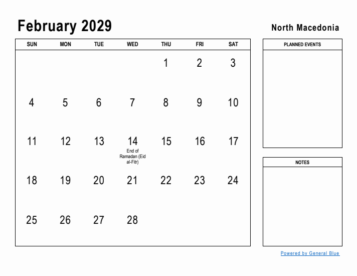 February 2029 Printable Monthly Calendar with North Macedonia Holidays