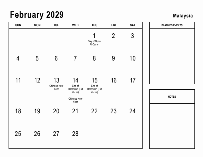 February 2029 Printable Monthly Calendar with Malaysia Holidays