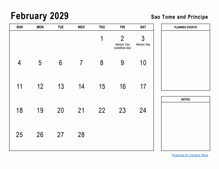February 2029 Printable Monthly Calendar with Sao Tome and Principe Holidays