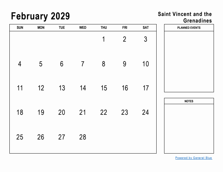 February 2029 Printable Monthly Calendar with Saint Vincent and the Grenadines Holidays