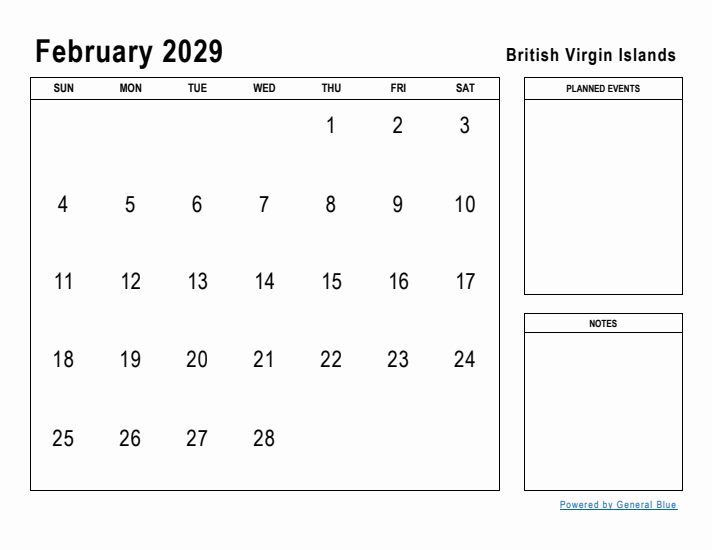 February 2029 Printable Monthly Calendar with British Virgin Islands Holidays