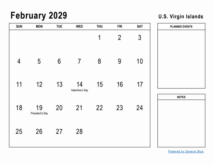 February 2029 Printable Monthly Calendar with U.S. Virgin Islands Holidays