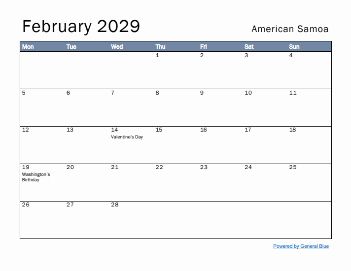 February 2029 Simple Monthly Calendar for American Samoa