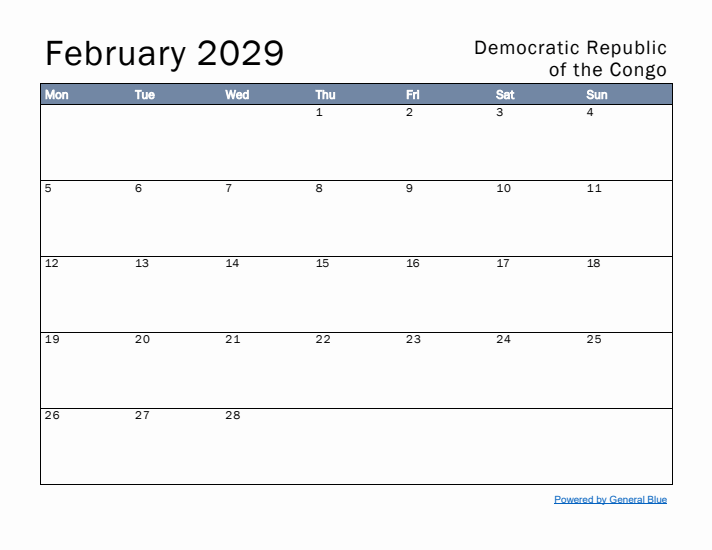 February 2029 Simple Monthly Calendar for Democratic Republic of the Congo