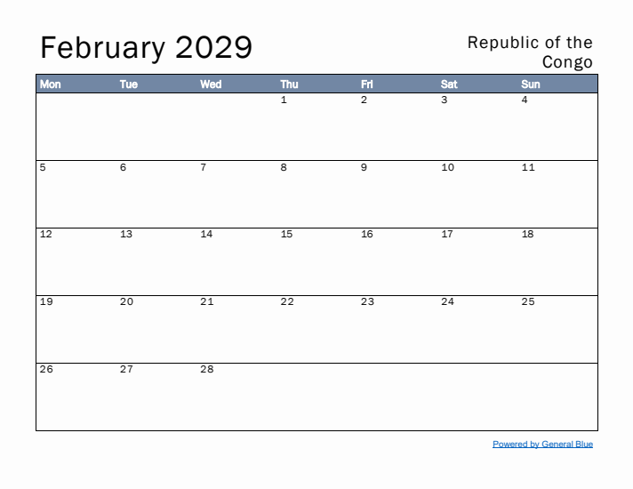 February 2029 Simple Monthly Calendar for Republic of the Congo