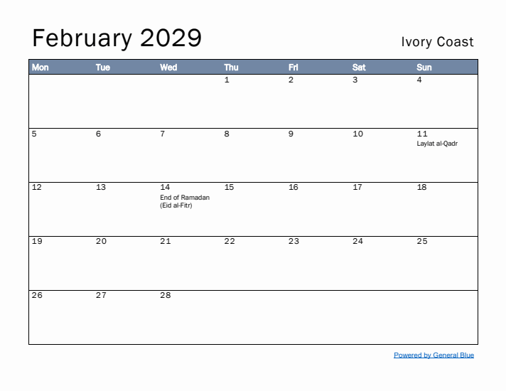 February 2029 Simple Monthly Calendar for Ivory Coast