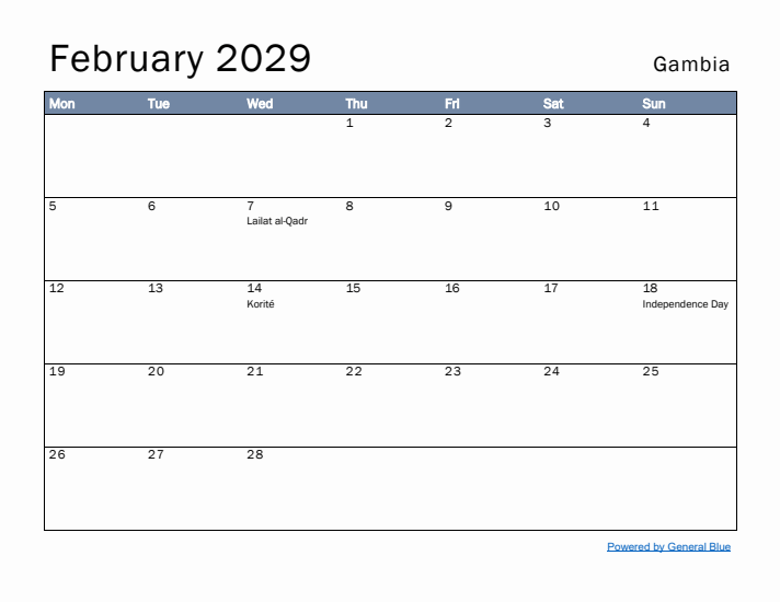 February 2029 Simple Monthly Calendar for Gambia
