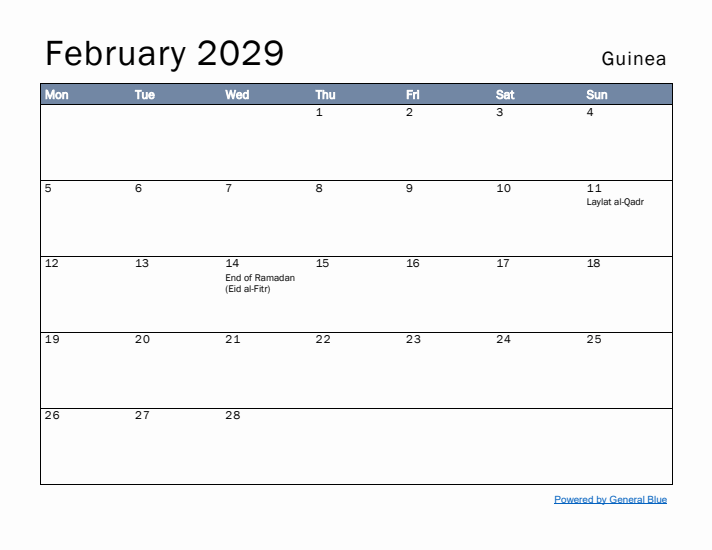 February 2029 Simple Monthly Calendar for Guinea