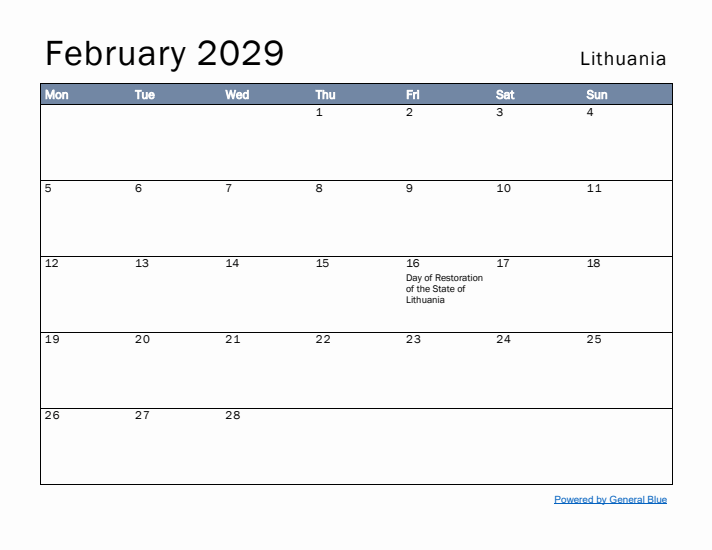 February 2029 Simple Monthly Calendar for Lithuania