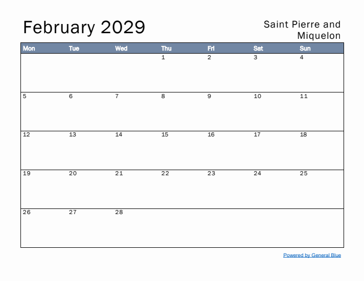 February 2029 Simple Monthly Calendar for Saint Pierre and Miquelon