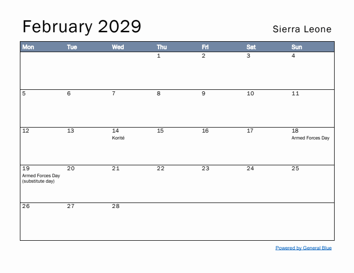 February 2029 Simple Monthly Calendar for Sierra Leone