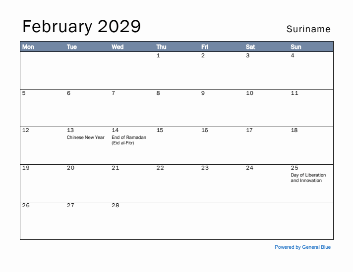 February 2029 Simple Monthly Calendar for Suriname