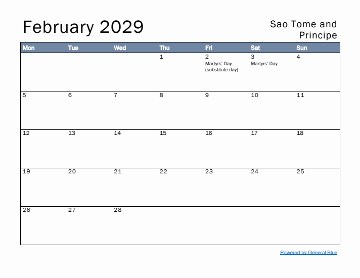 February 2029 Simple Monthly Calendar for Sao Tome and Principe