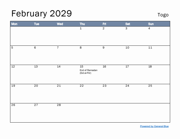 February 2029 Simple Monthly Calendar for Togo