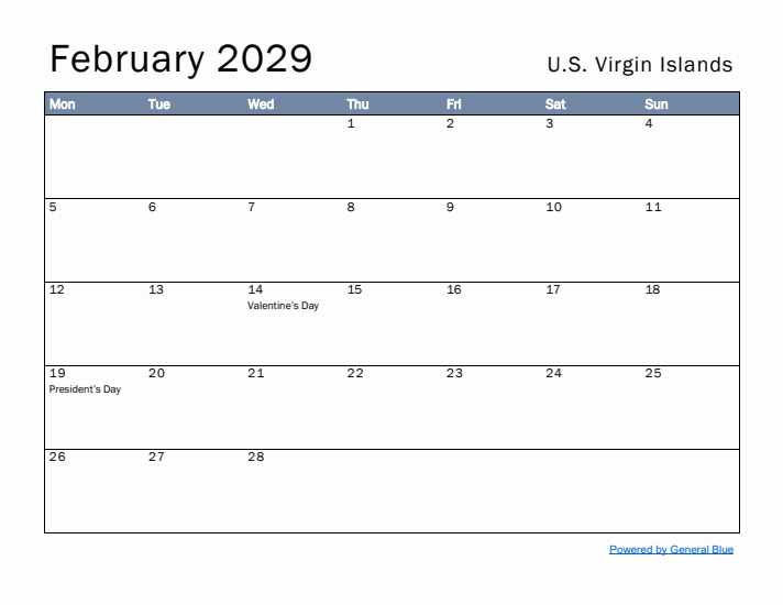 February 2029 Simple Monthly Calendar for U.S. Virgin Islands