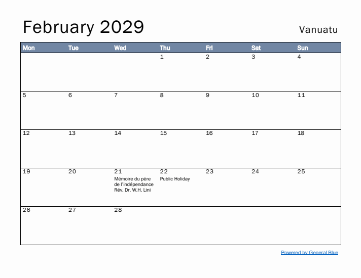 February 2029 Simple Monthly Calendar for Vanuatu