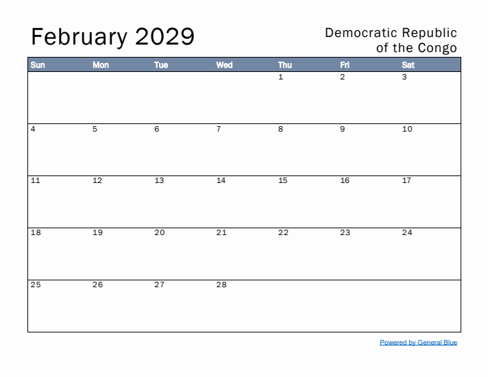 February 2029 Simple Monthly Calendar for Democratic Republic of the Congo
