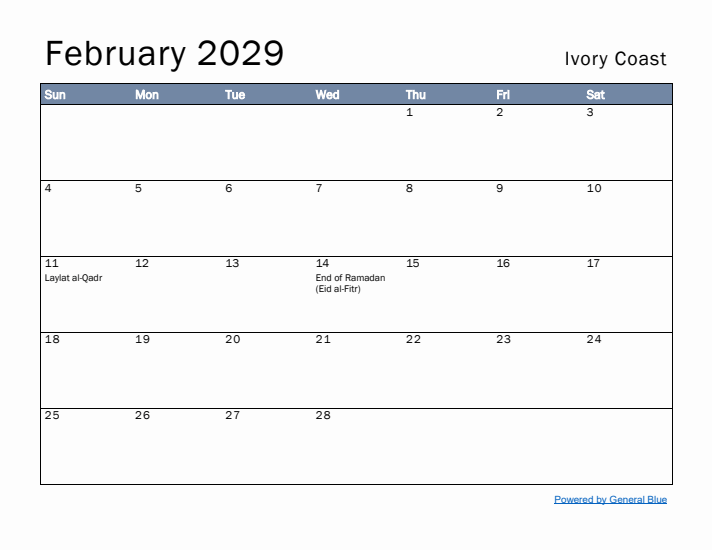 February 2029 Simple Monthly Calendar for Ivory Coast