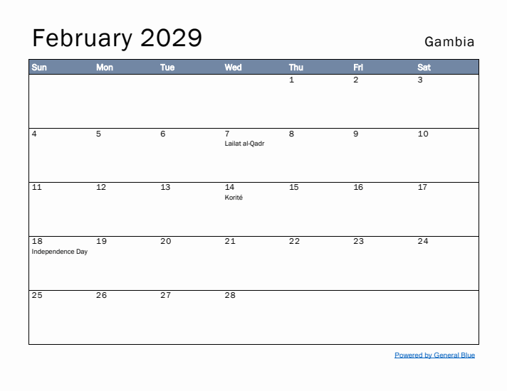 February 2029 Simple Monthly Calendar for Gambia