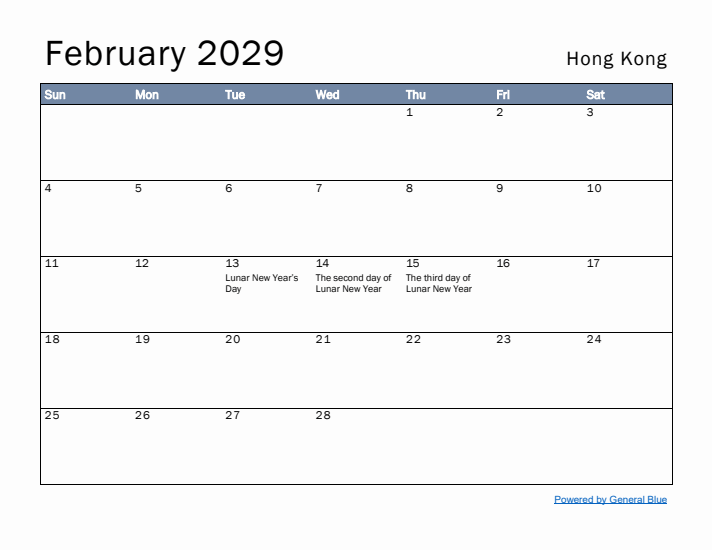 February 2029 Simple Monthly Calendar for Hong Kong