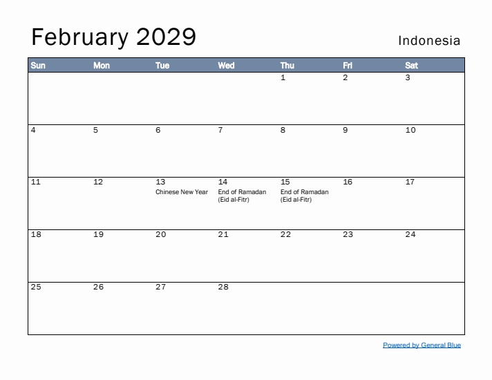 February 2029 Simple Monthly Calendar for Indonesia