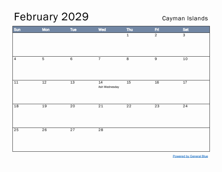 February 2029 Simple Monthly Calendar for Cayman Islands