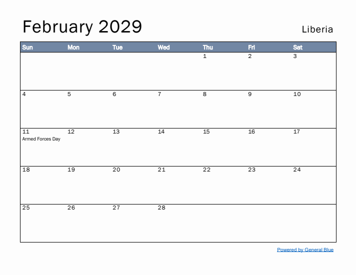 February 2029 Simple Monthly Calendar for Liberia