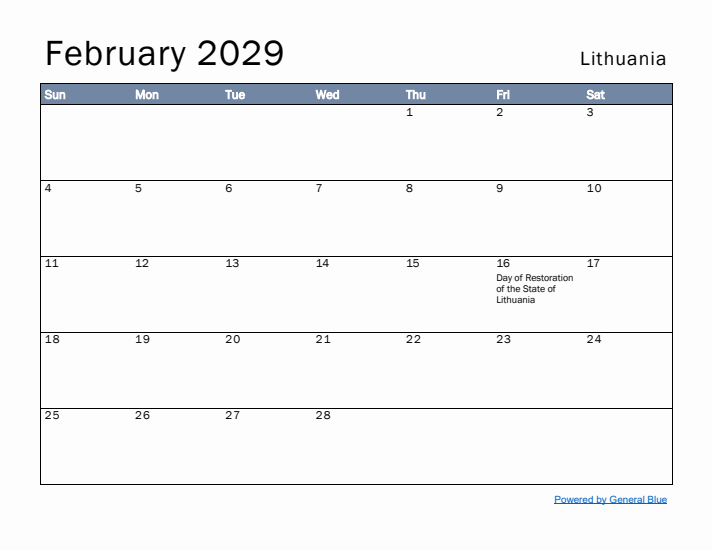 February 2029 Simple Monthly Calendar for Lithuania