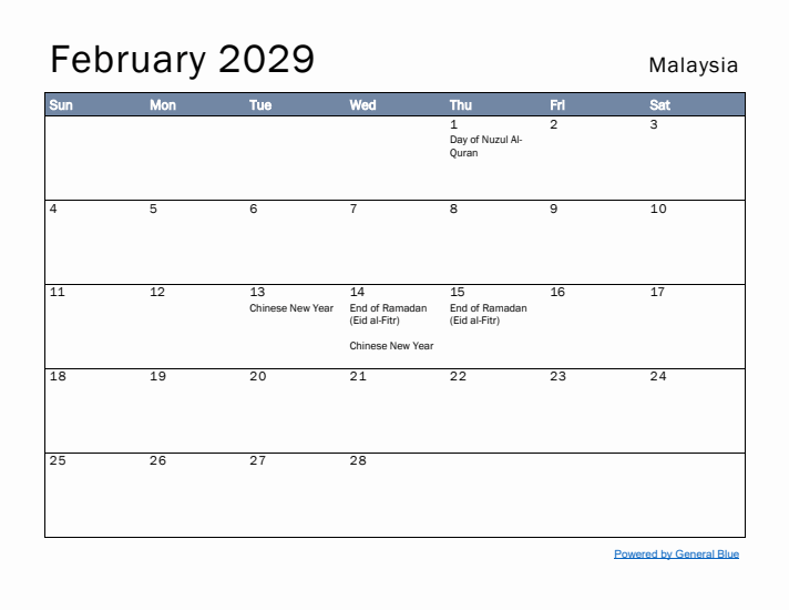 February 2029 Simple Monthly Calendar for Malaysia