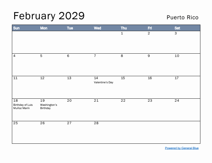 February 2029 Simple Monthly Calendar for Puerto Rico