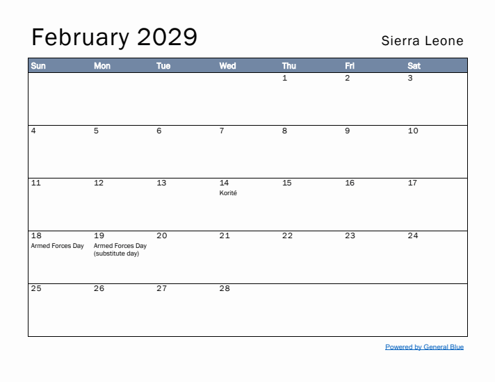 February 2029 Simple Monthly Calendar for Sierra Leone