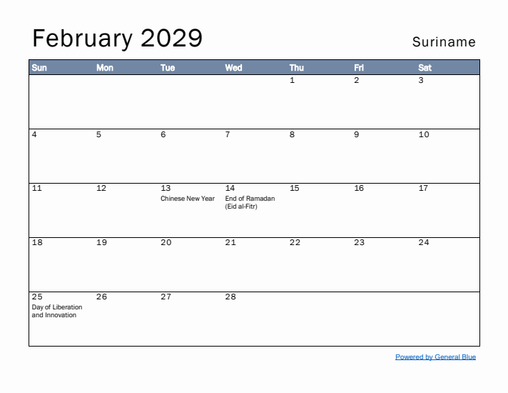 February 2029 Simple Monthly Calendar for Suriname