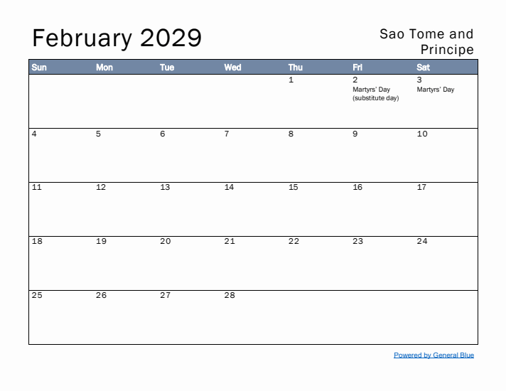 February 2029 Simple Monthly Calendar for Sao Tome and Principe