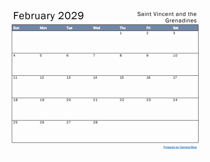 February 2029 Simple Monthly Calendar for Saint Vincent and the Grenadines