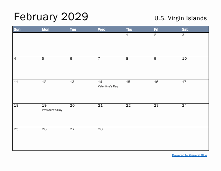February 2029 Simple Monthly Calendar for U.S. Virgin Islands