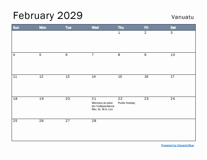 February 2029 Simple Monthly Calendar for Vanuatu