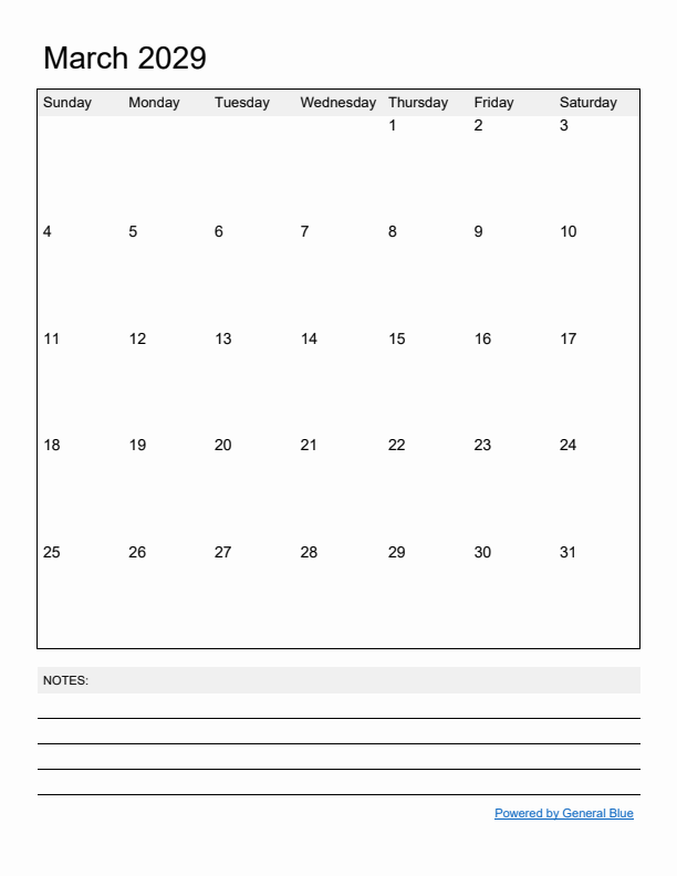 Basic Monthly Calendar Template for March 2029