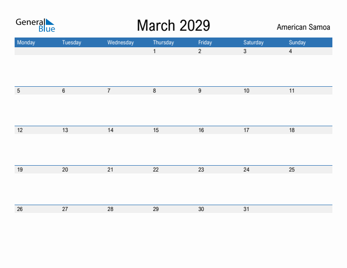 Fillable March 2029 Calendar