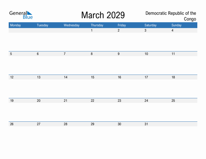 Fillable March 2029 Calendar