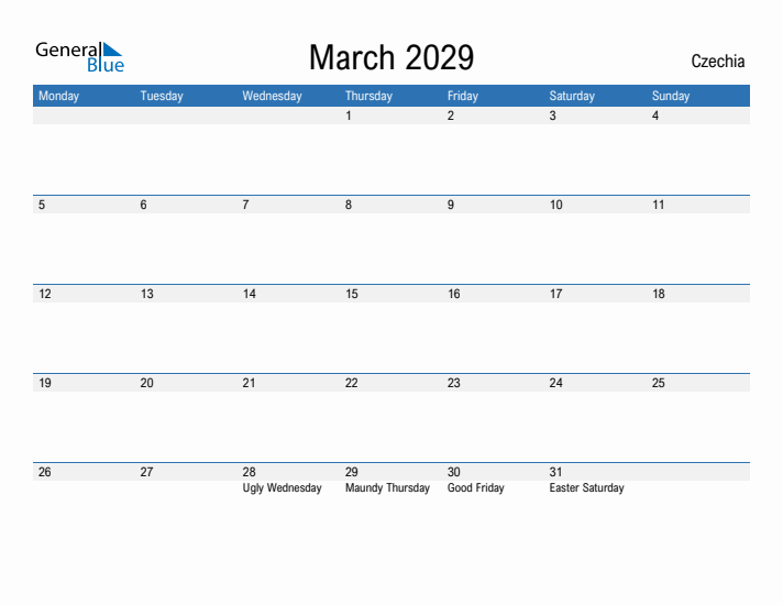 Fillable March 2029 Calendar