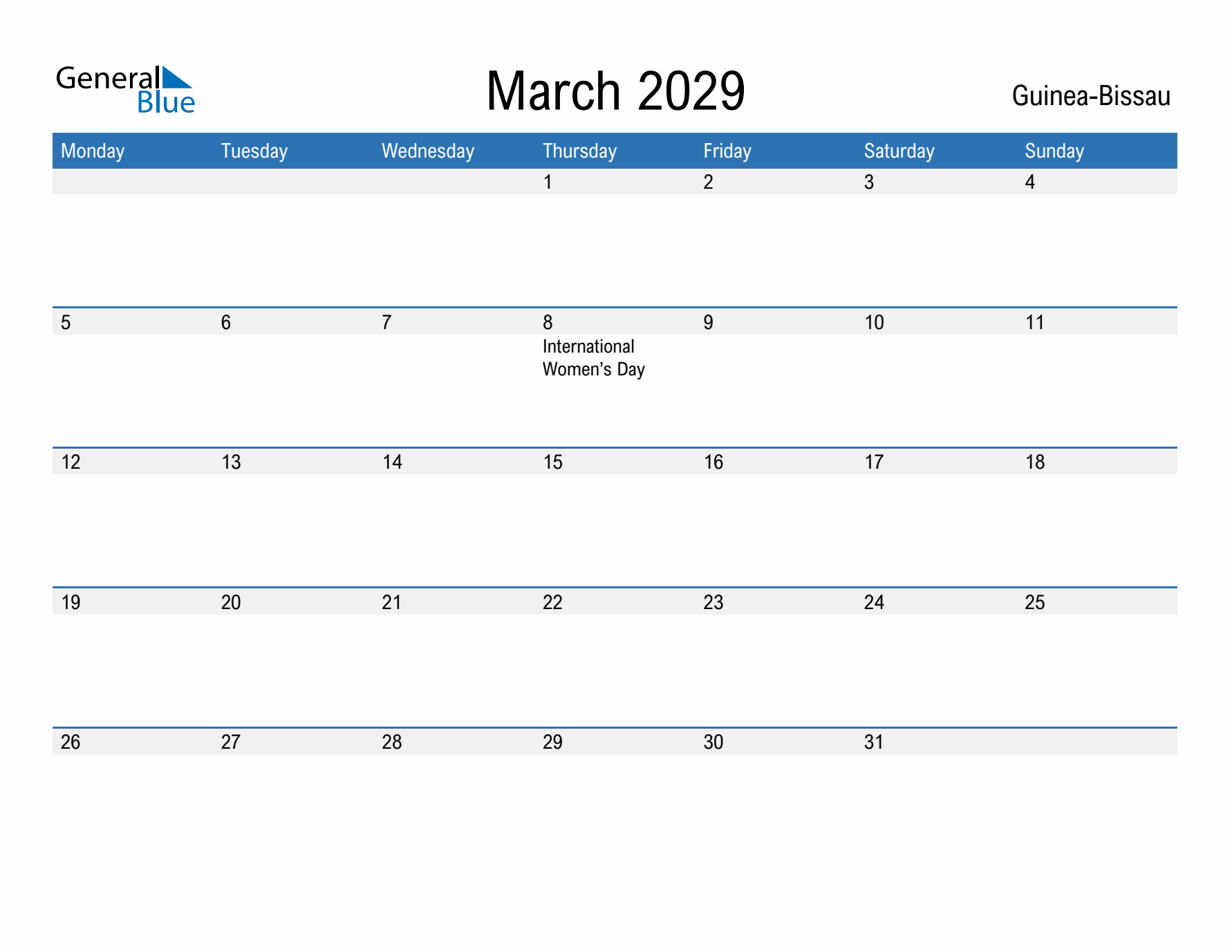 Fillable March 2029 Calendar