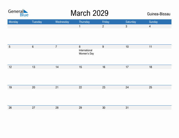 Fillable March 2029 Calendar