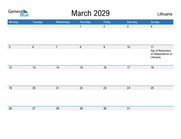 Fillable March 2029 Calendar