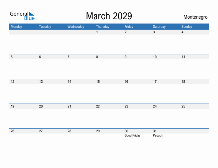 Fillable March 2029 Calendar