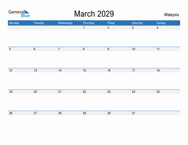 Fillable March 2029 Calendar