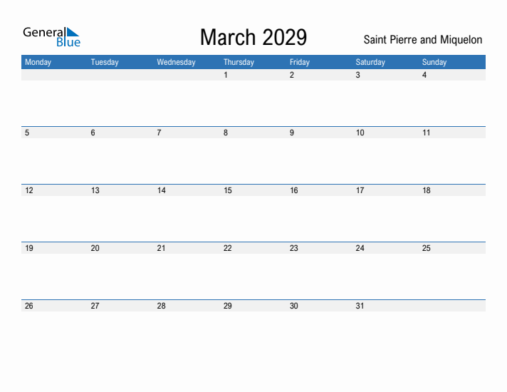 Fillable March 2029 Calendar